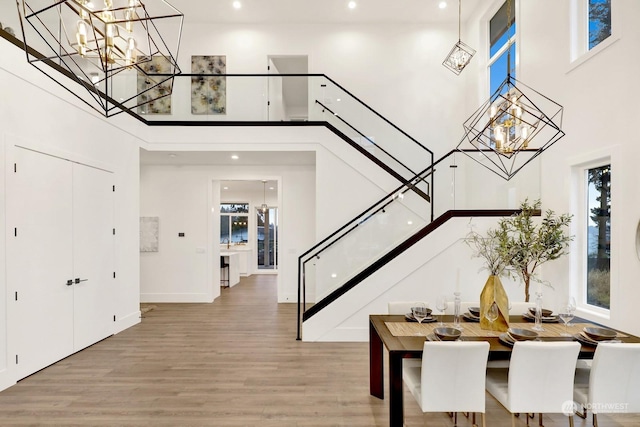 entrance foyer featuring wood-type flooring and a towering ceiling