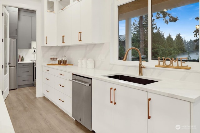 kitchen with sink, light hardwood / wood-style flooring, backsplash, white cabinets, and appliances with stainless steel finishes