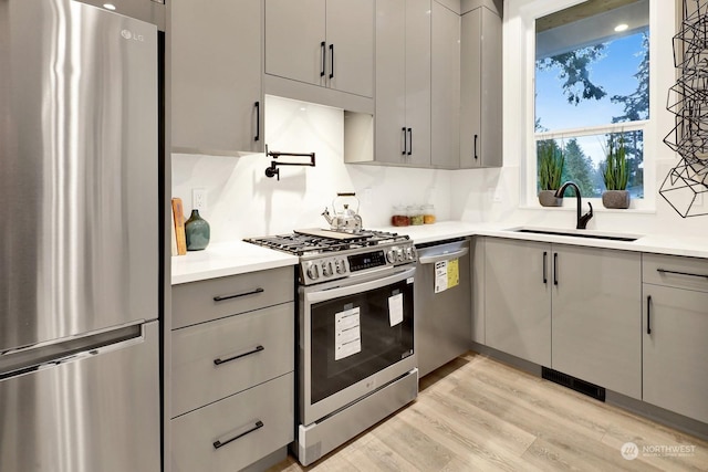 kitchen with gray cabinets, sink, stainless steel appliances, and light hardwood / wood-style flooring