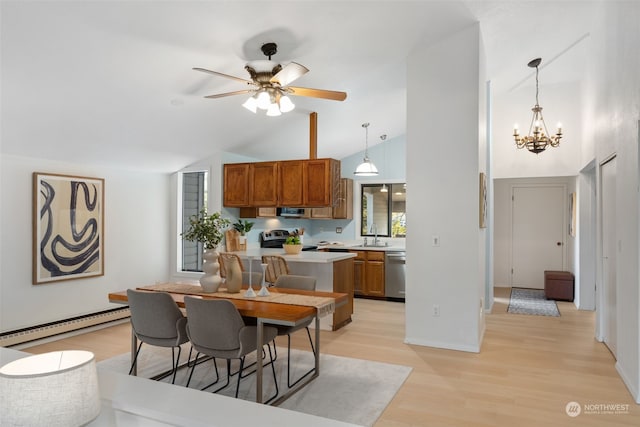 dining room featuring ceiling fan with notable chandelier, light hardwood / wood-style floors, vaulted ceiling, and a baseboard radiator