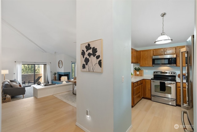 kitchen featuring light hardwood / wood-style floors, stainless steel appliances, and hanging light fixtures