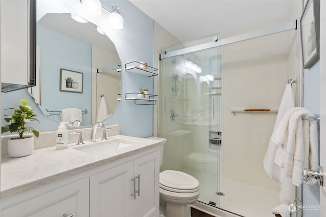 bathroom with vanity, toilet, and an enclosed shower