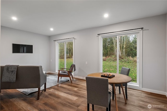 dining space with hardwood / wood-style floors