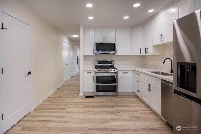 kitchen featuring sink, white cabinets, light wood-type flooring, and appliances with stainless steel finishes