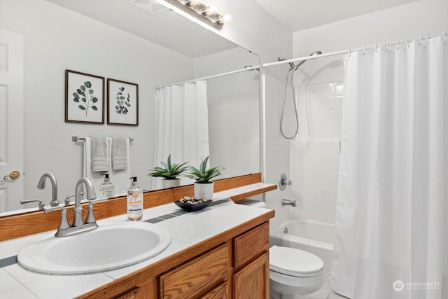 full bathroom with vanity, toilet, and shower / bath combo with shower curtain