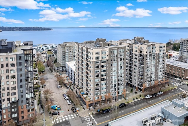 drone / aerial view with a water view