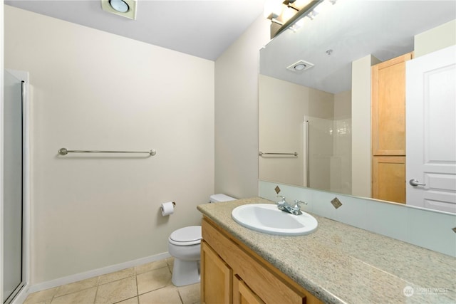 bathroom with tile patterned flooring, vanity, toilet, and a shower