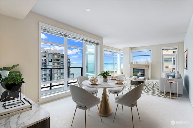 dining space featuring light carpet and a water view