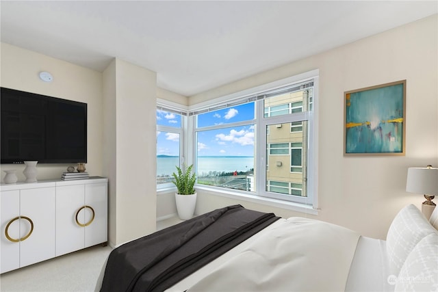 bedroom featuring a water view and light carpet