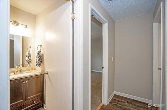 bathroom with vanity, hardwood / wood-style floors, and a textured ceiling