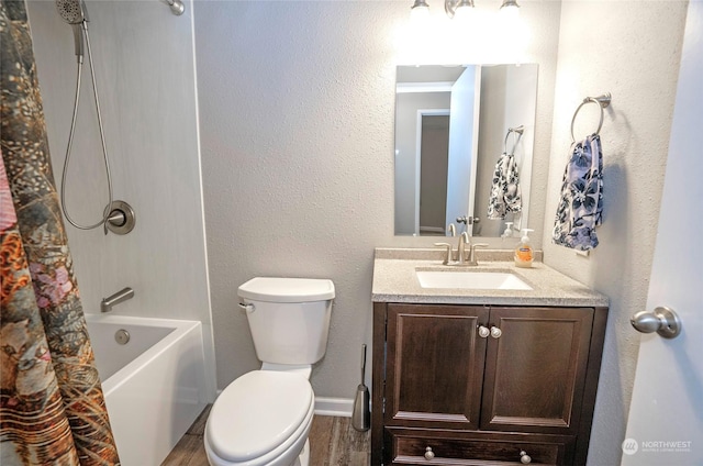 full bathroom featuring hardwood / wood-style flooring, vanity, shower / bath combination with curtain, and toilet