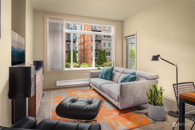 living room featuring a wealth of natural light and light tile patterned floors