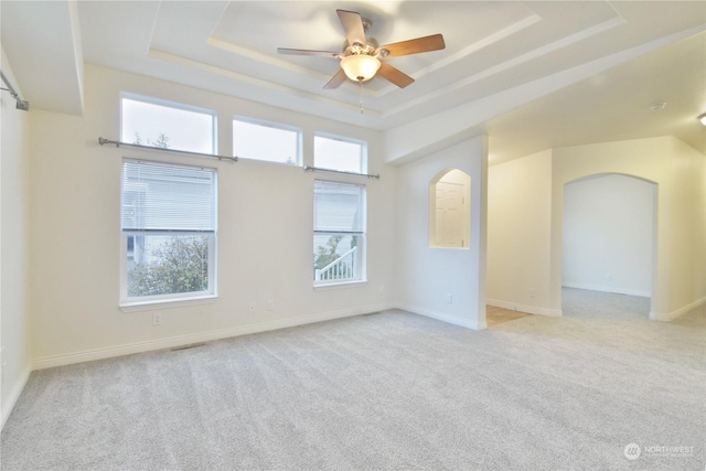 spare room featuring light colored carpet, a raised ceiling, and ceiling fan