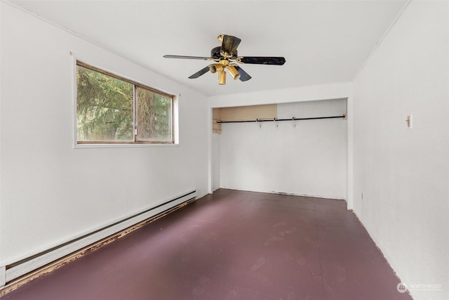 unfurnished bedroom with a closet, a baseboard radiator, and ceiling fan