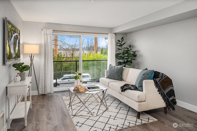 living room with dark hardwood / wood-style floors