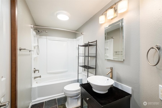 full bathroom featuring shower / washtub combination, vanity, and toilet