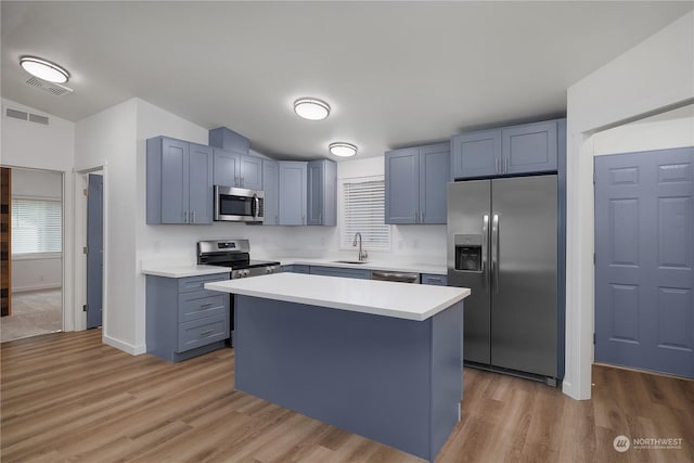 kitchen featuring stainless steel appliances, sink, a kitchen island, and light wood-type flooring