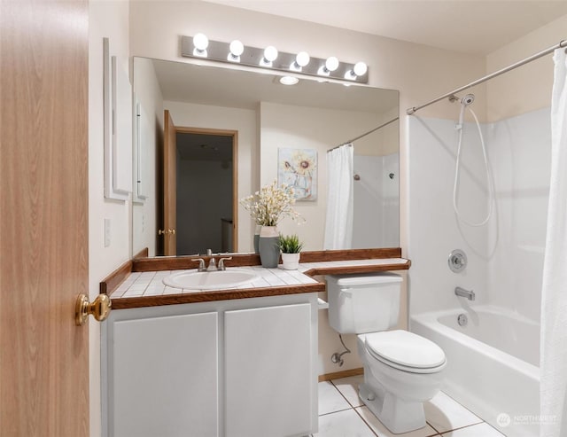 full bathroom featuring tile patterned flooring, vanity, toilet, and shower / tub combo with curtain