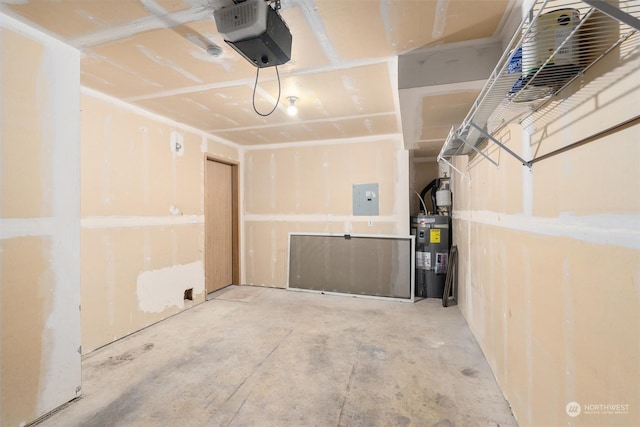 garage featuring electric panel, water heater, and a garage door opener