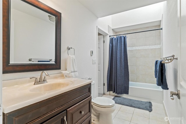 full bathroom with toilet, tile patterned flooring, shower / bathtub combination with curtain, and vanity