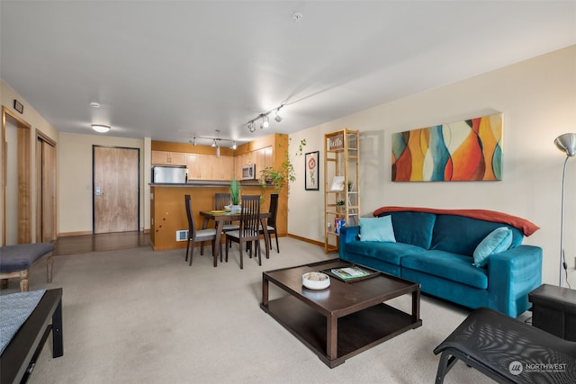 living room with light carpet and track lighting