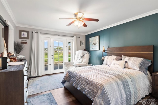 bedroom with access to outside, ceiling fan, crown molding, and hardwood / wood-style flooring