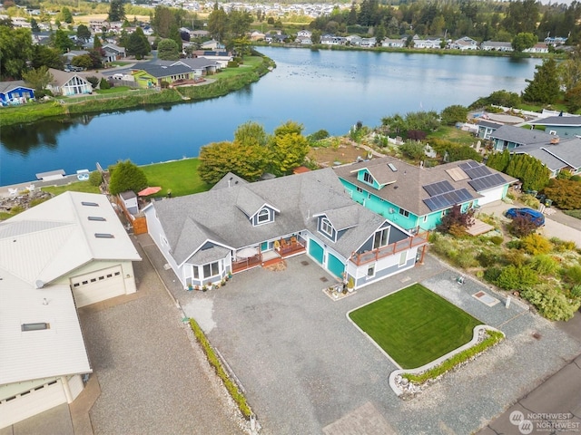 aerial view featuring a water view