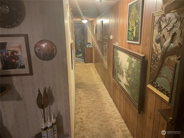 hall with light carpet and wood walls