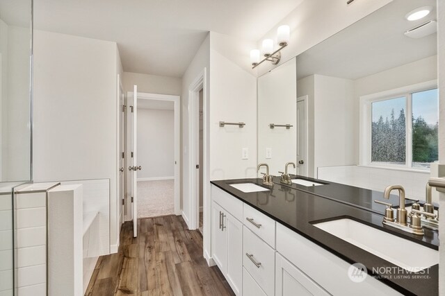 bathroom featuring wood-type flooring, vanity, and a washtub