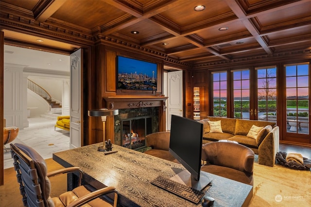 interior space featuring french doors, coffered ceiling, crown molding, wood walls, and wood ceiling