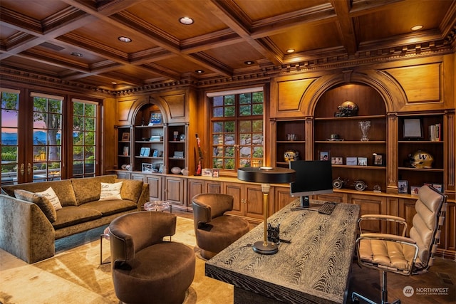 office area featuring wood ceiling, crown molding, and wooden walls