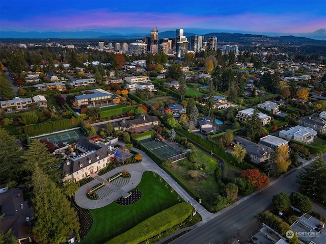 view of aerial view at dusk