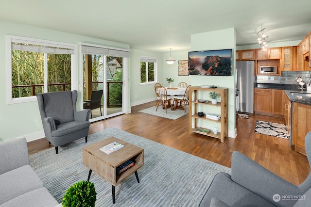 living room with ceiling fan and dark wood-type flooring