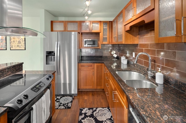 kitchen with dark hardwood / wood-style floors, dark stone countertops, sink, island exhaust hood, and appliances with stainless steel finishes