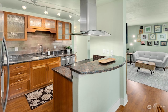 kitchen featuring backsplash, light hardwood / wood-style floors, sink, island exhaust hood, and appliances with stainless steel finishes