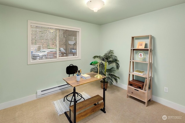 carpeted office space with a baseboard radiator