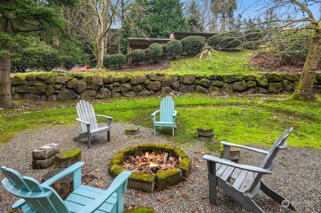 view of yard featuring an outdoor fire pit