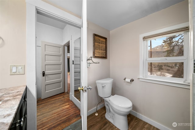 bathroom featuring hardwood / wood-style flooring, vanity, and toilet