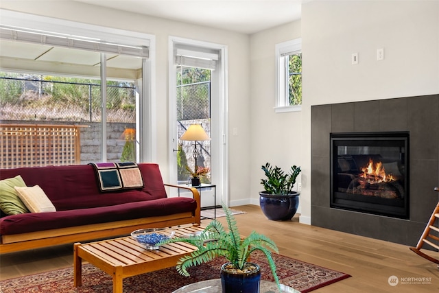 living room with wood-type flooring and a tile fireplace