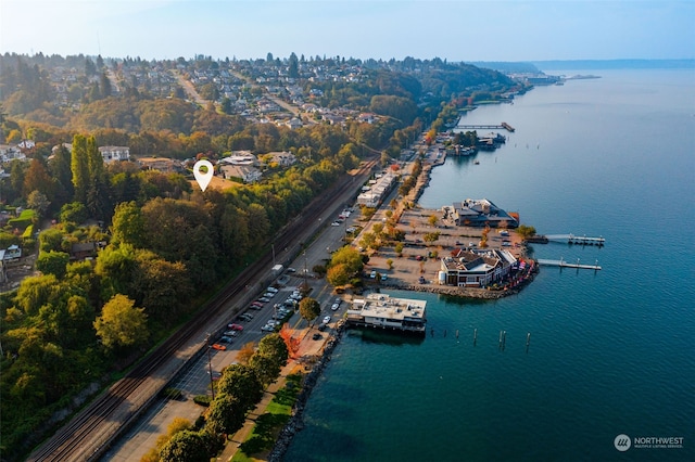 birds eye view of property with a water view