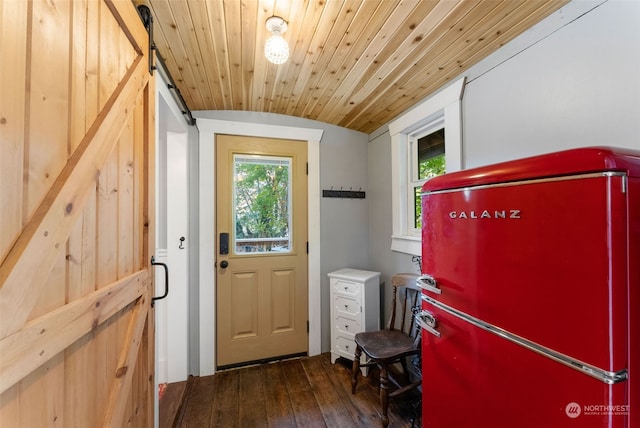 doorway featuring wood ceiling, dark wood-type flooring, a barn door, and a wealth of natural light