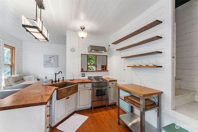 kitchen with a wealth of natural light, pendant lighting, light hardwood / wood-style floors, stainless steel range, and wood counters