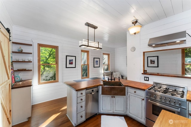 kitchen with appliances with stainless steel finishes, pendant lighting, dark wood-type flooring, sink, and butcher block counters