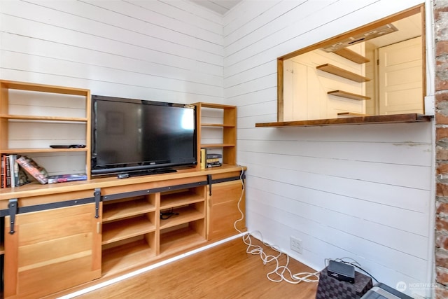 living room featuring wood walls and hardwood / wood-style floors