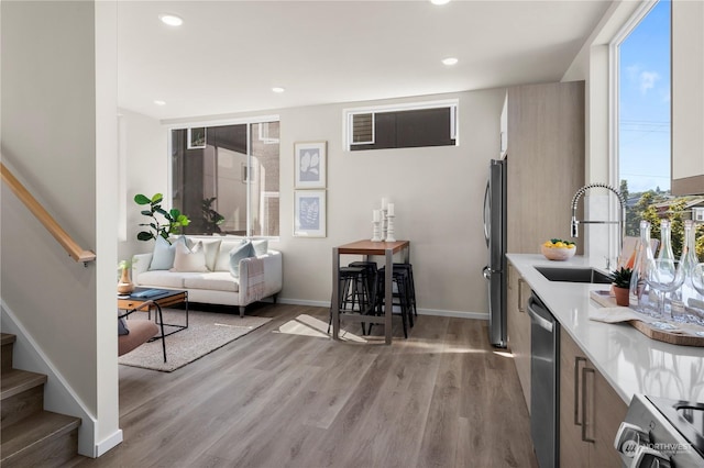 kitchen featuring stainless steel appliances, hardwood / wood-style flooring, and sink