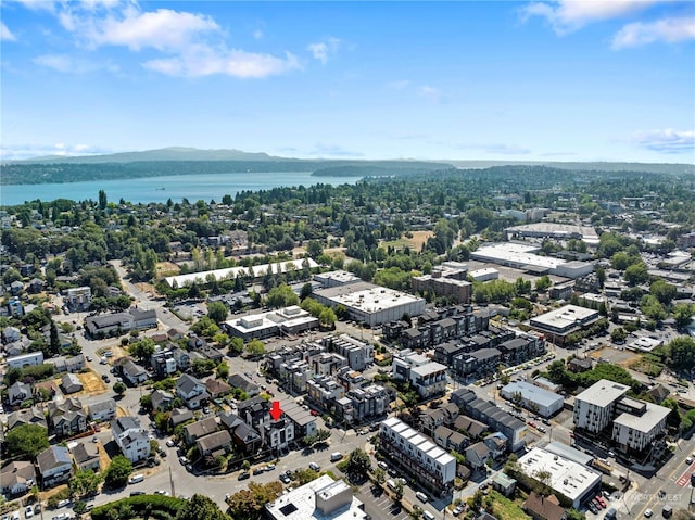 drone / aerial view with a water view