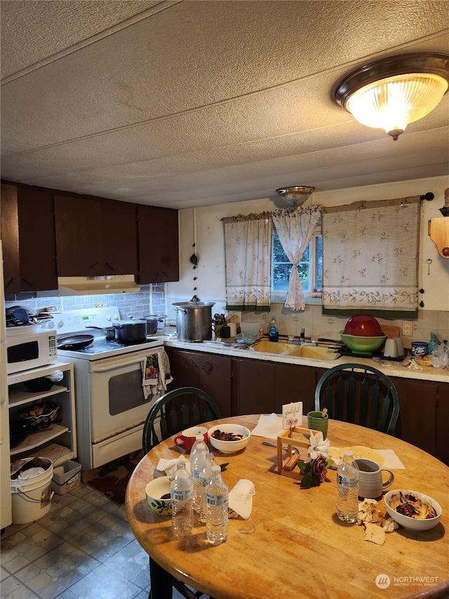 kitchen featuring decorative backsplash, dark brown cabinets, and white appliances