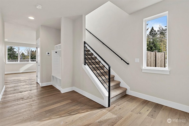 staircase with hardwood / wood-style floors