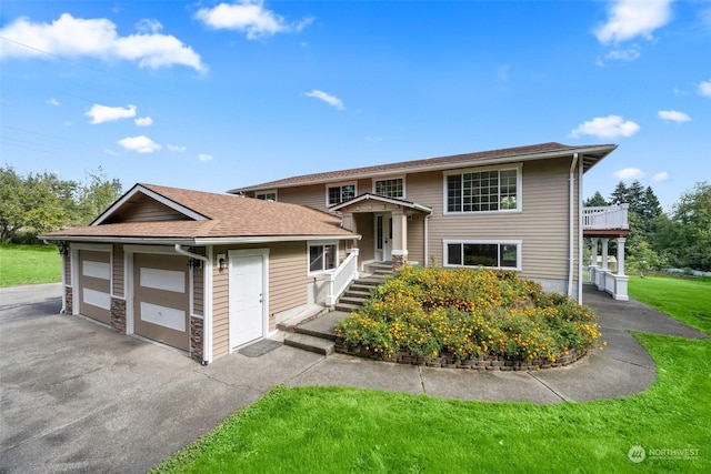 view of front of house featuring a garage and a front lawn