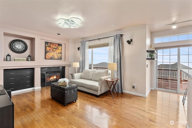 living room with a fireplace and hardwood / wood-style flooring